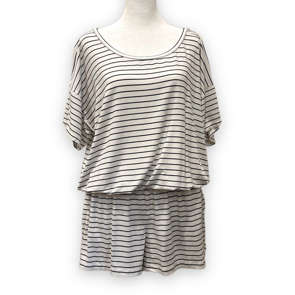 J Crew Romper Black White Striped Shorts Stretch Jersey Knit Size XL